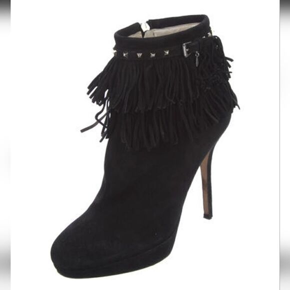 Christian Dior Black Suede Ankle Fringe Booties Sz 7 - Picture 1 of 10